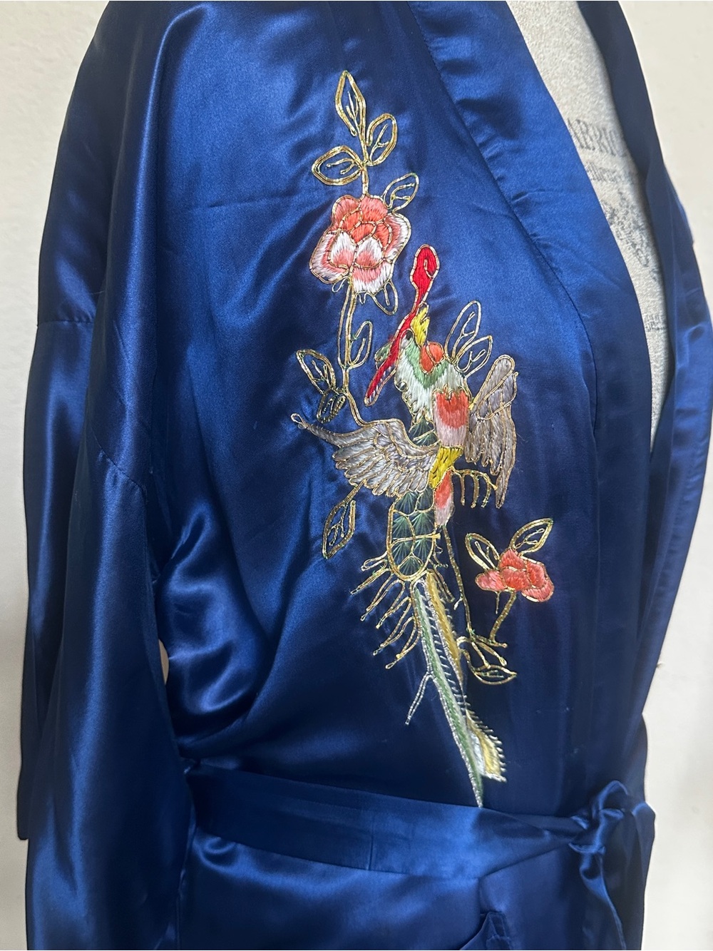 Embroidered Royal Blue Silk Robe - Picture 3 of 15